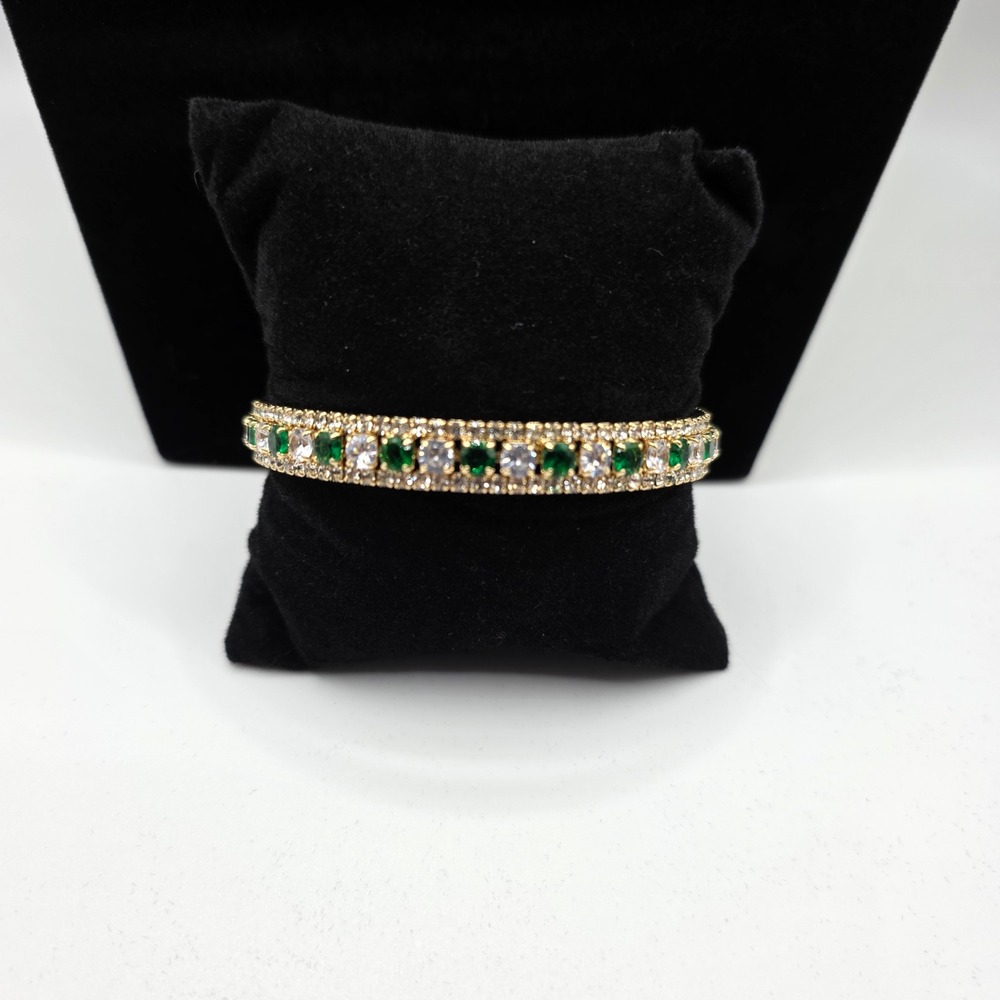 Gold Tone‎ Emerald Green Clear Crystal Hinged Bangle Bracelet Pave Sparkle